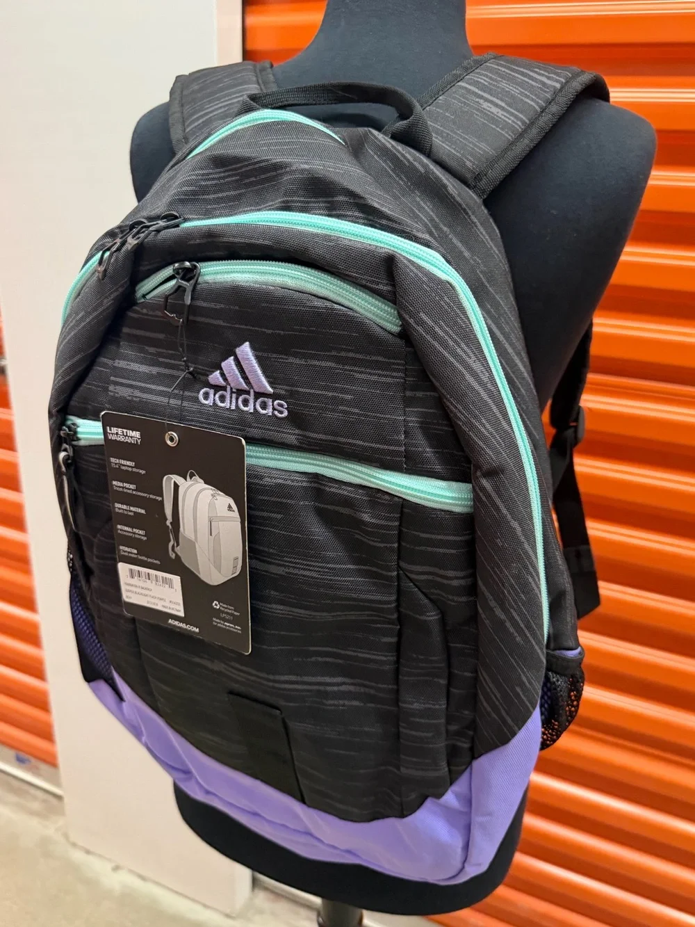 NWT Adidas Foundation ||| Black Backpack with Lavender Base and Mint Zippers